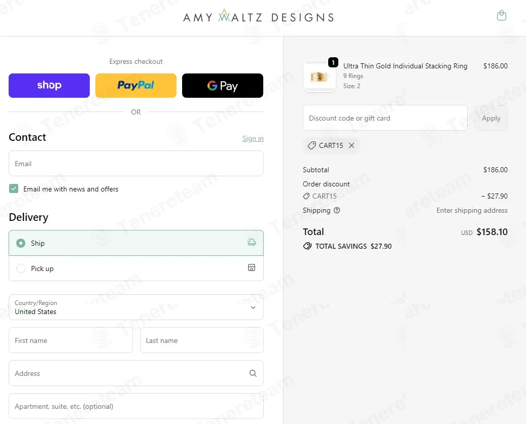 Amy Waltz coupon code: 15% off with CART15. Tested and valid as 6 days ago.