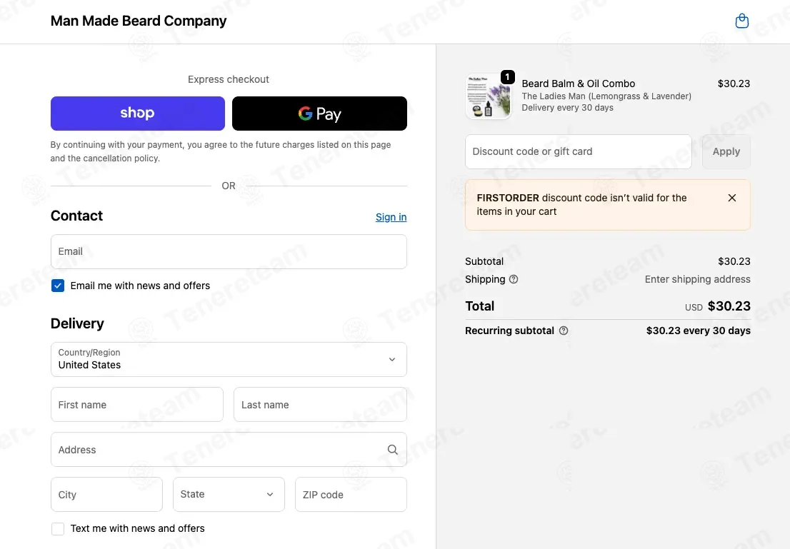 Man Made Beard Company coupon code: 10% off with FIRSTORDER. Tested and valid as 1 month ago.