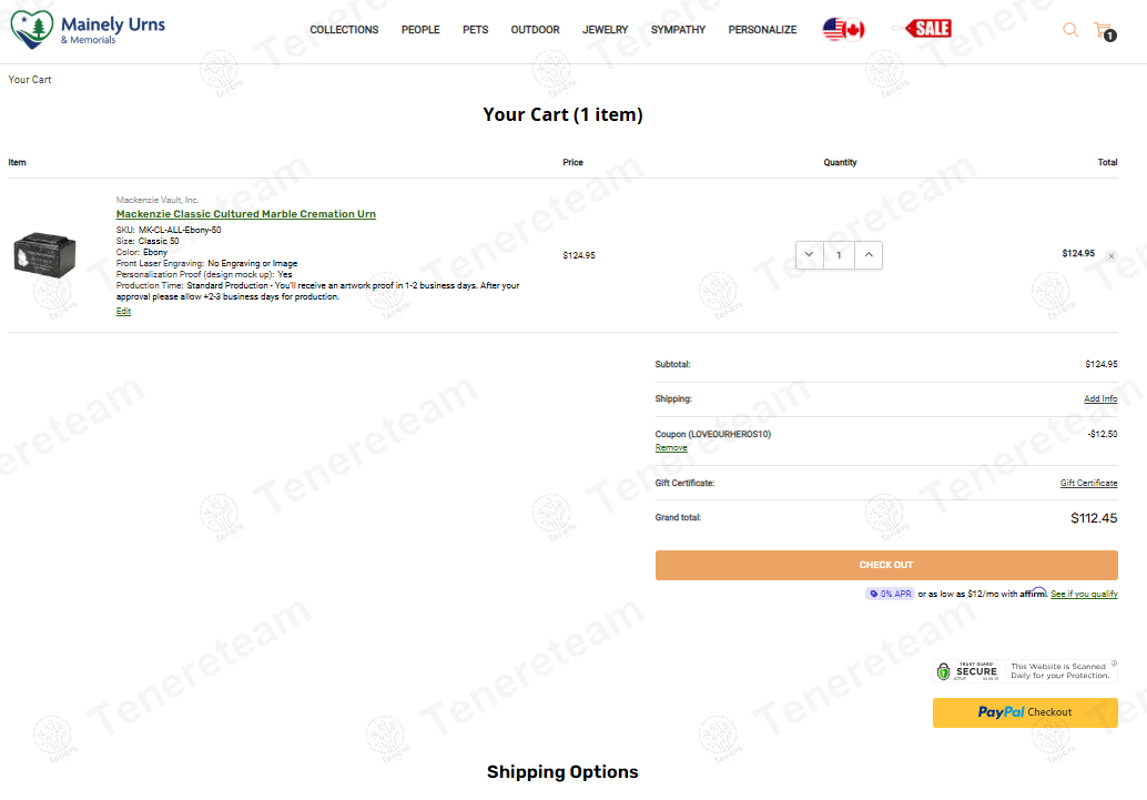 Mainely Urns coupon code: 10% off with LOVEOURHEROS. Tested and valid as 7 months ago.
