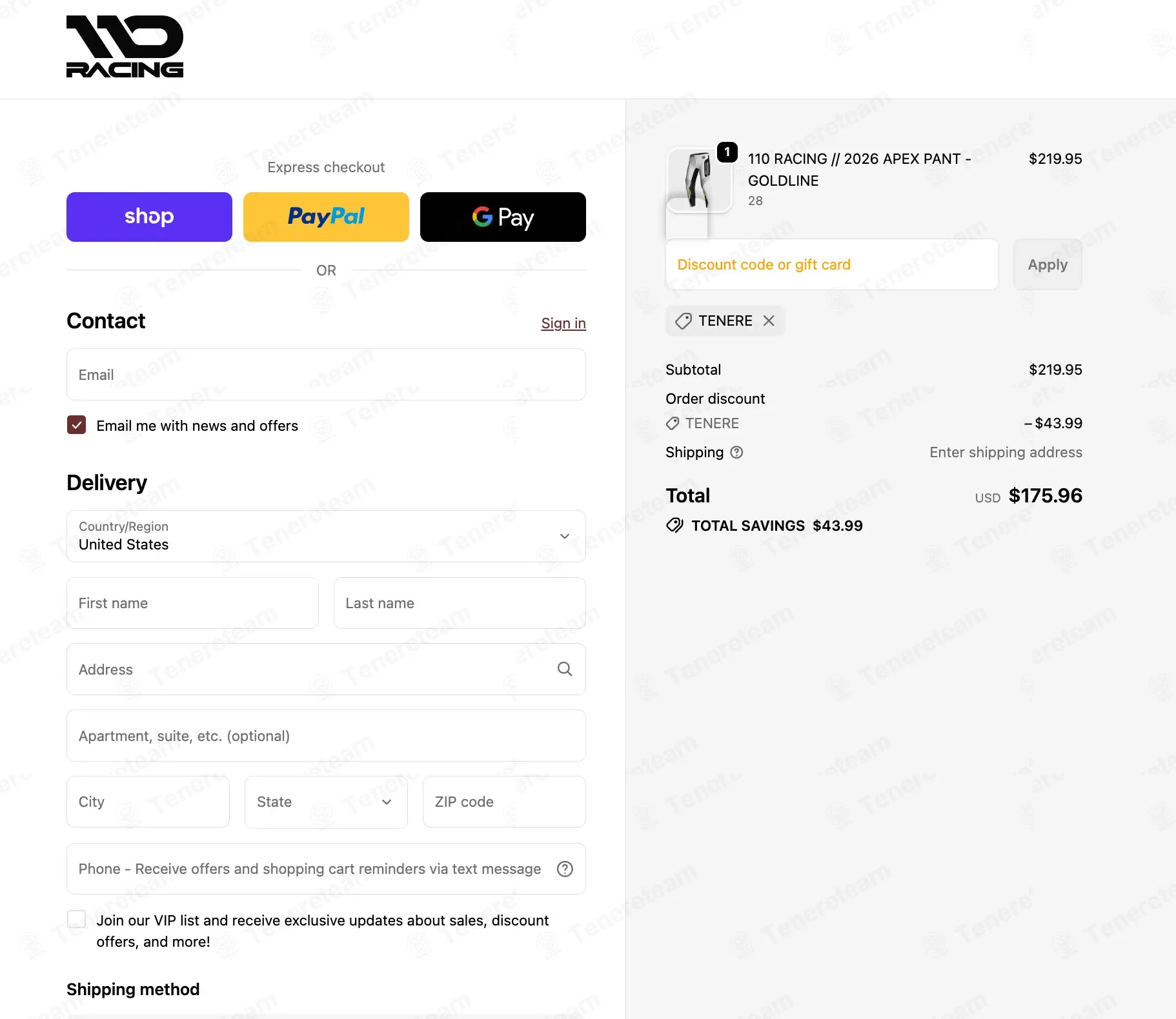 110 Racing coupon code: 20% off with TENERE. Tested and valid as 2 weeks ago.