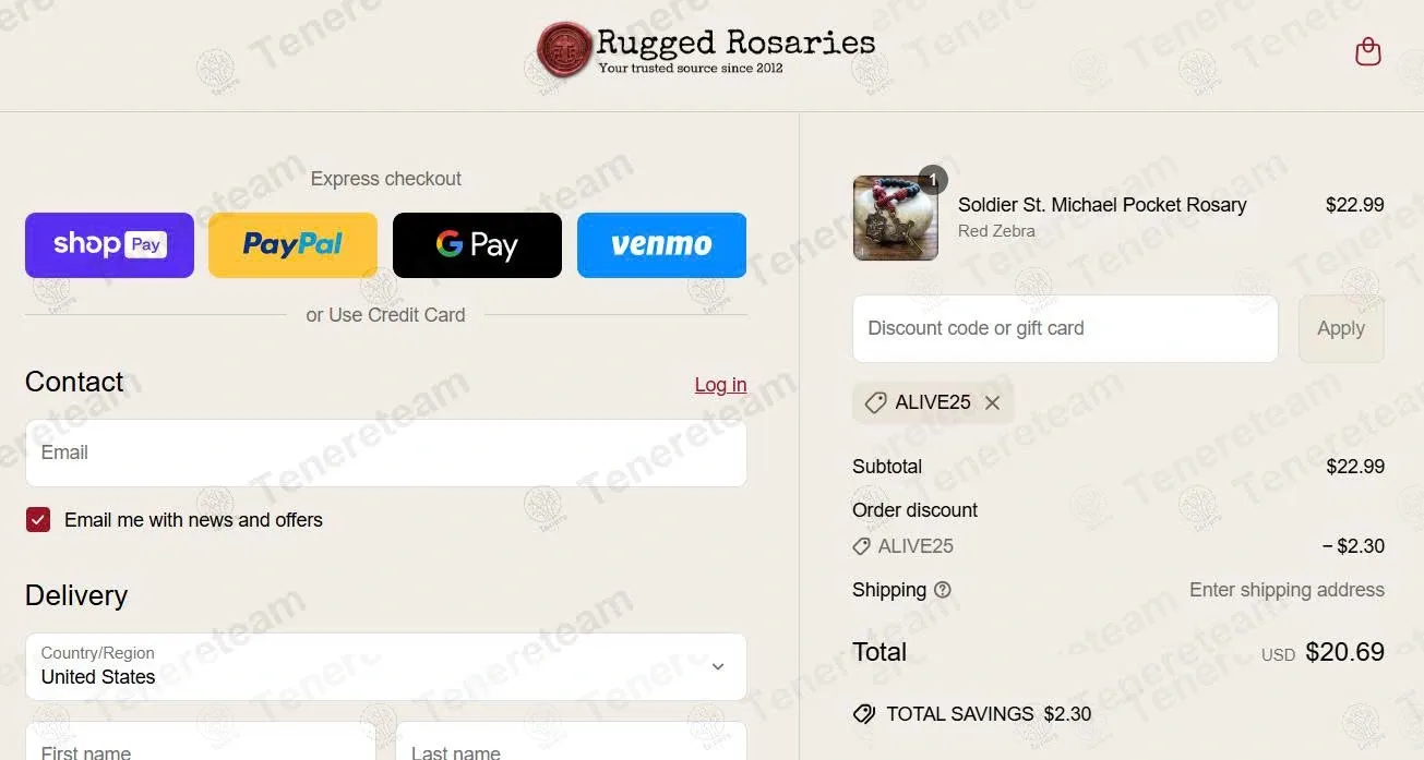 Rugged Rosaries coupon code: 10% off with ALIVE25. Tested and valid as 9 months ago.
