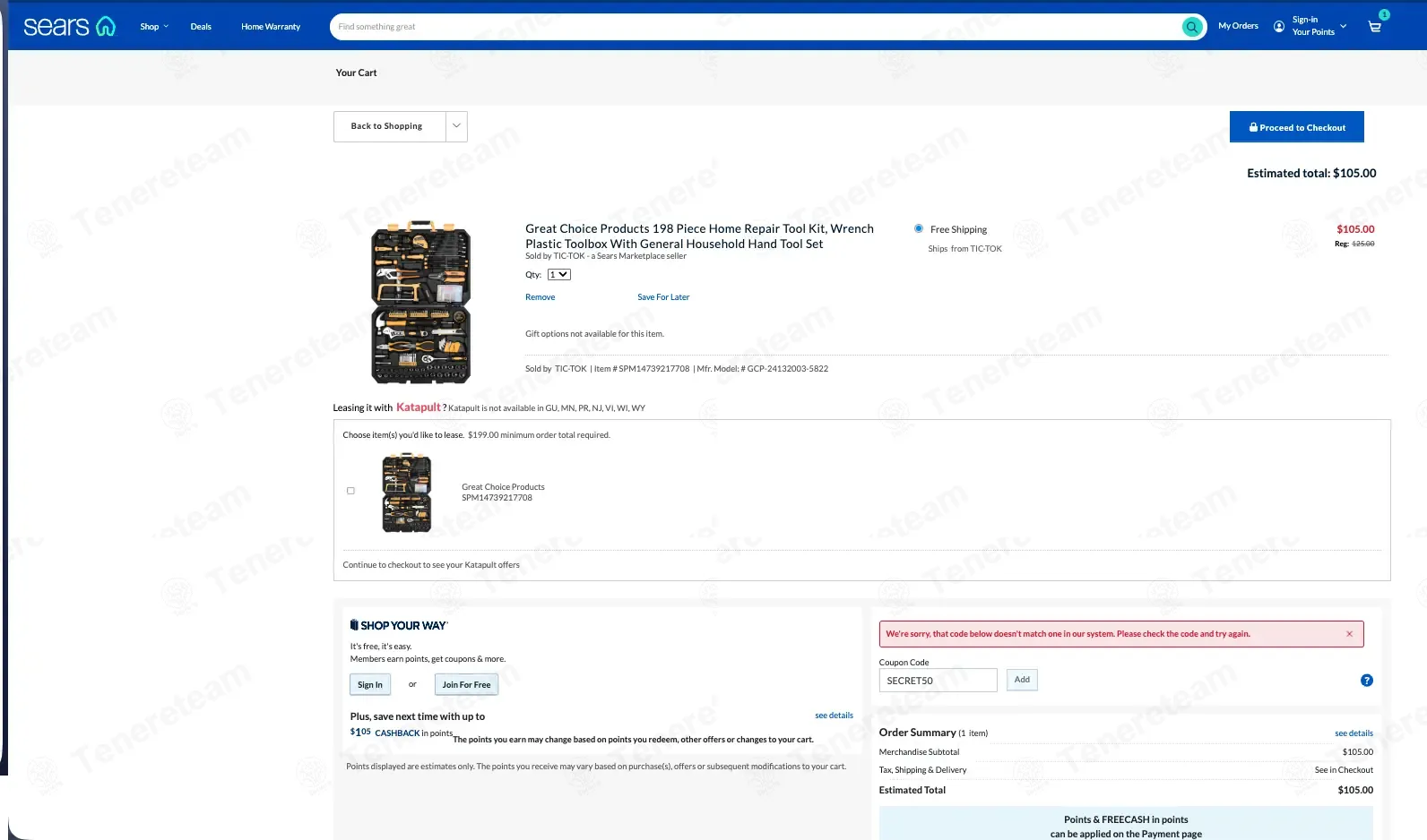 Sears coupon code: $50 off with SECRET50. Tested and valid as 2 days ago.