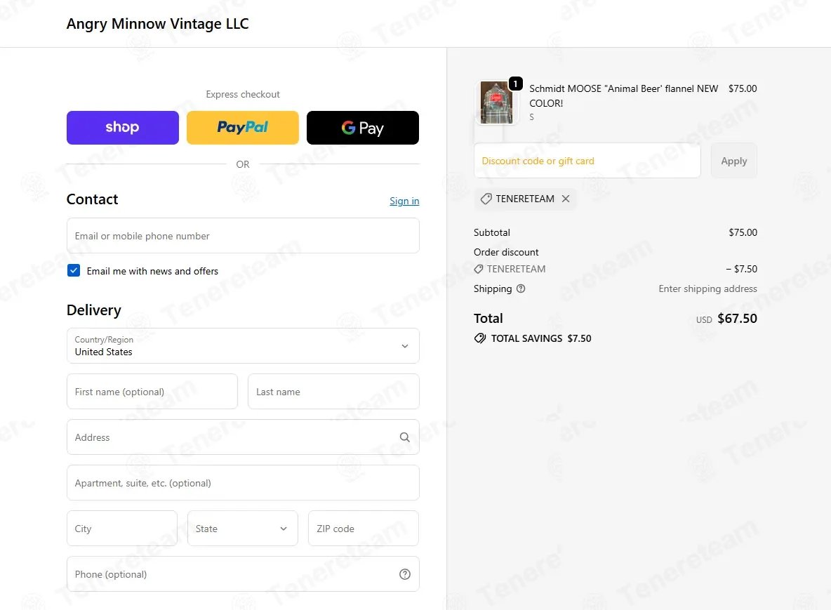 Angry Minnow Vintage coupon code: 10% off with TENERETEAM. Tested and valid as 4 months ago.
