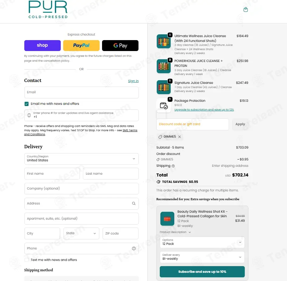 PUR Cold Pressed coupon code: 5% off with GIMME5. Tested and valid as 9 months ago.