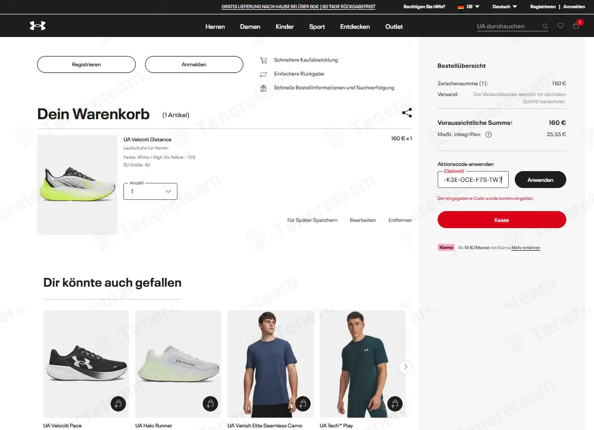 Under Armour DE coupon code: 15% off with WELCOME15-K3E-OCE-F7S-TW7. Tested and valid as 3 months ago.