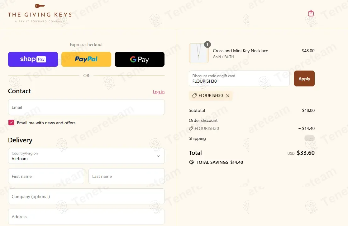 The Giving Keys coupon code: 30% off with FLOURISH30. Tested and valid as 9 months ago.