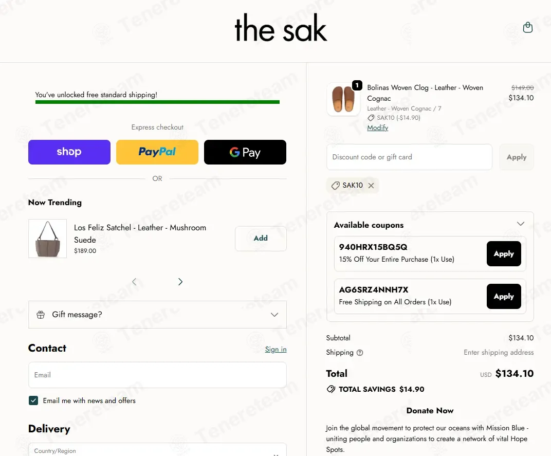 The Sak coupon code: 10% off with SAK10. Tested and valid as 1 month ago.