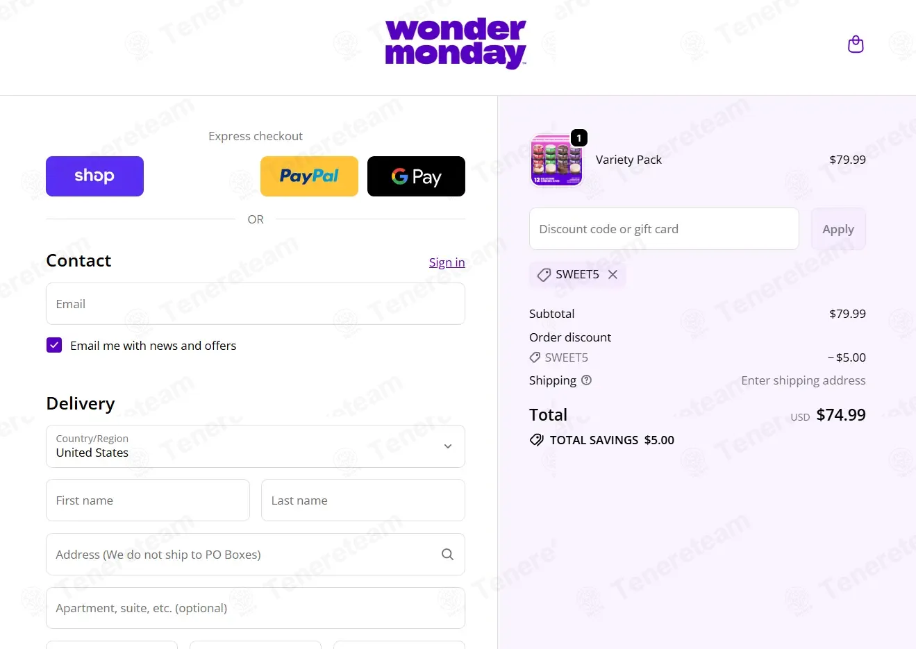 Wonder Monday coupon code: $5 off with SWEET5. Tested and valid as 6 months ago.