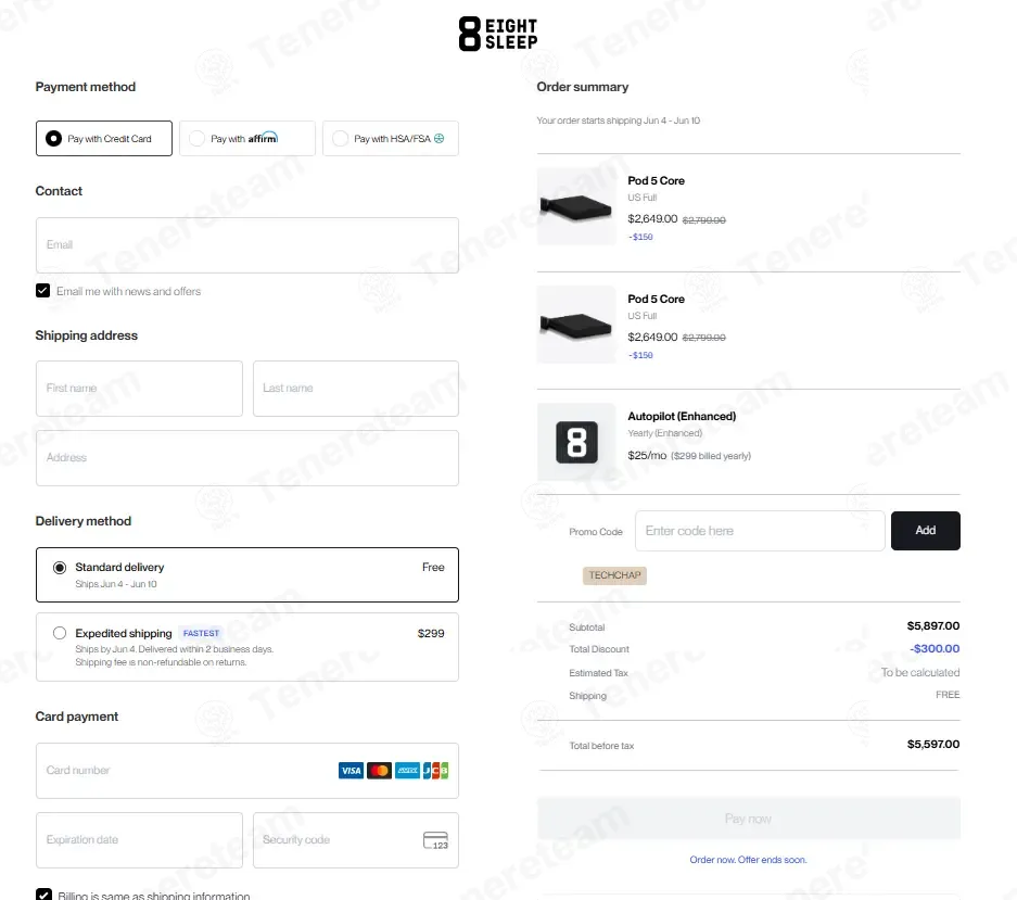 Eight Sleep coupon code: $300 off with TECHCHAP. Tested and valid as 4 weeks ago.