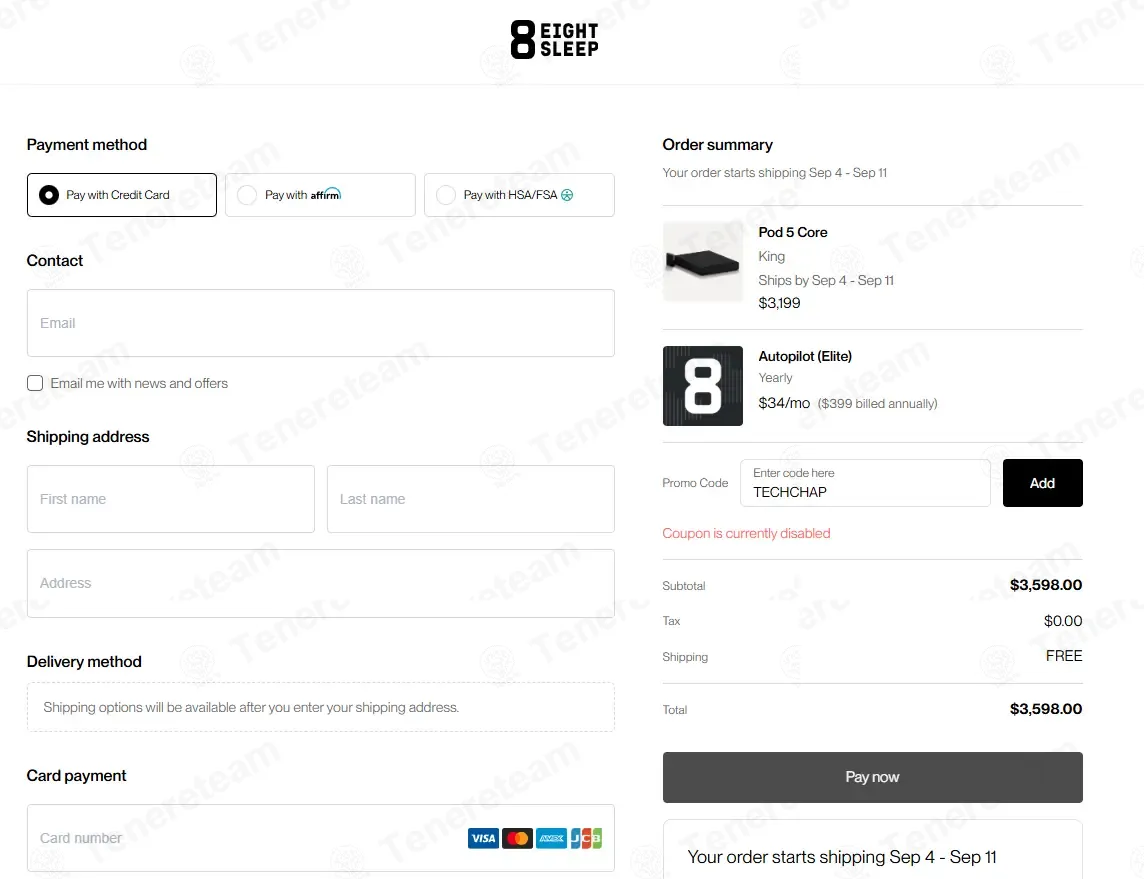 Eight Sleep coupon code: $300 off with TECHCHAP. Tested and valid as 3 weeks ago.