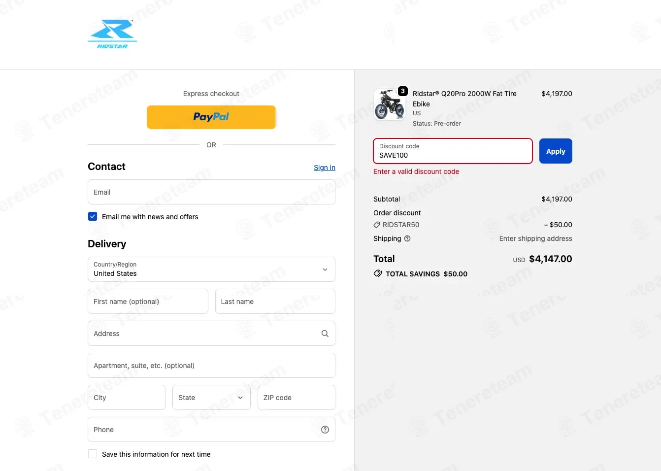 Ridstarebike coupon code: $100 off with SAVE100. Tested and valid as 2 weeks ago.
