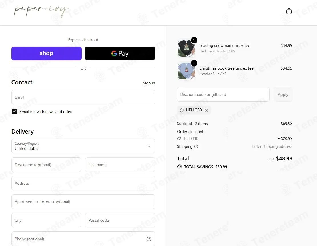 Piper and Ivy coupon code: 30% off with HELLO30. Tested and valid as 6 months ago.