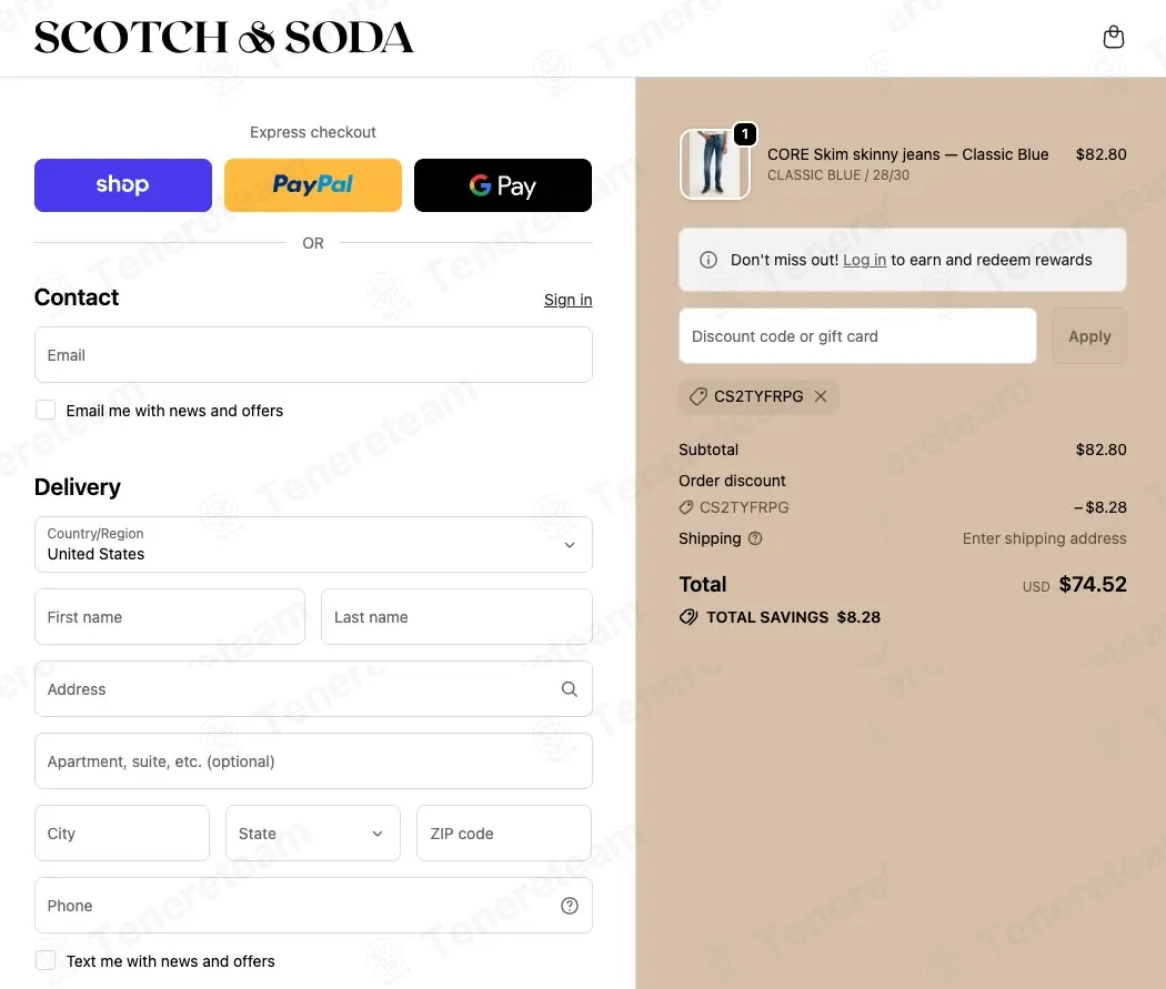 Scotch & Soda coupon code: 10% off with CS2TYFRPG. Tested and valid as 7 months ago.