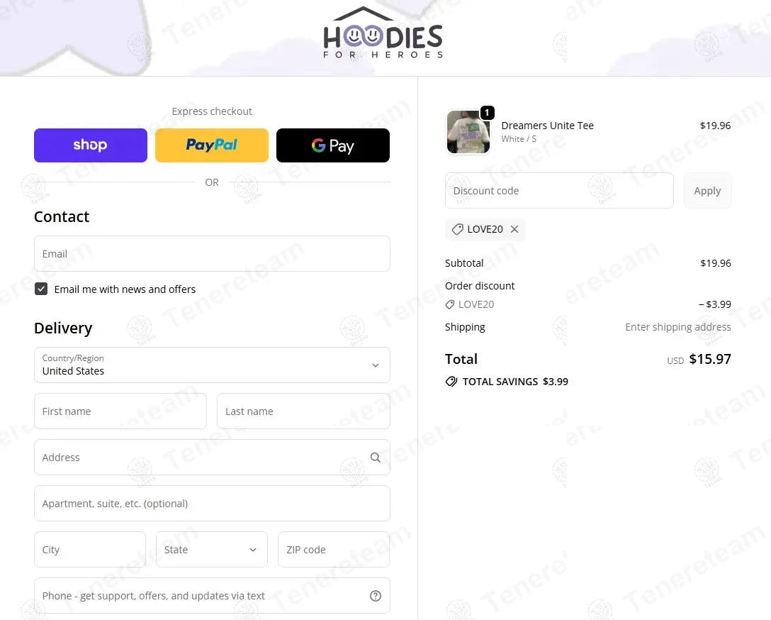 Hoodies For Heroes coupon code: 20% off with LOVE20. Tested and valid as 8 months ago.