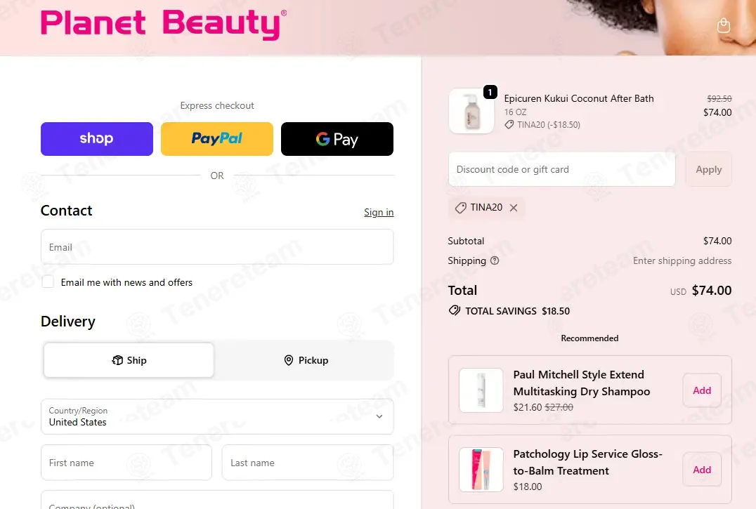 Planet Beauty coupon code: 20% off with TINA20. Tested and valid as 2 months ago.