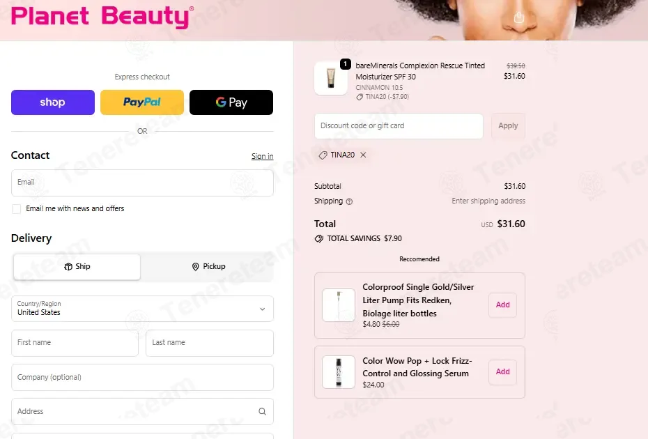Planet Beauty coupon code: 20% off with TINA20. Tested and valid as 2 months ago.