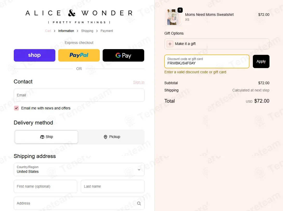 Alice & Wonder coupon code: 15% off with FRWBKJS4F0AY. Tested and valid as 2 months ago.