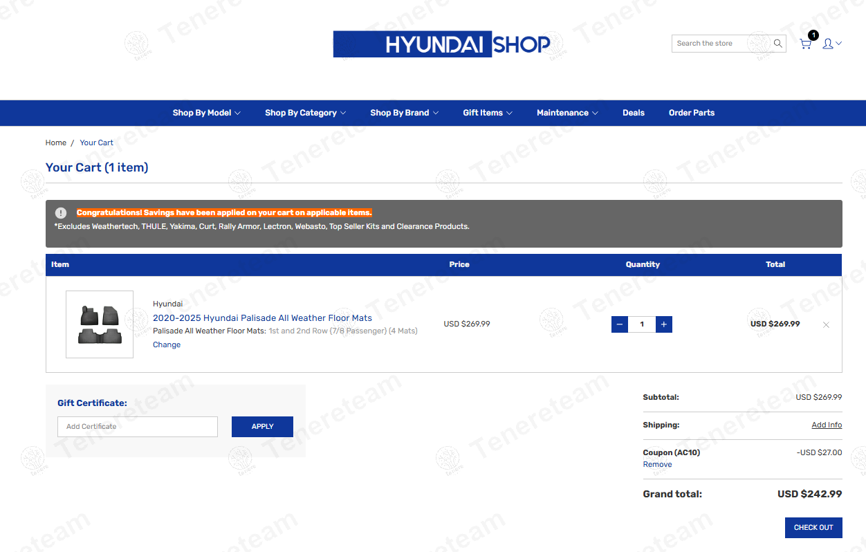 Hyundai Shop coupon code: 10% off with AC10. Tested and valid as 1 year ago.