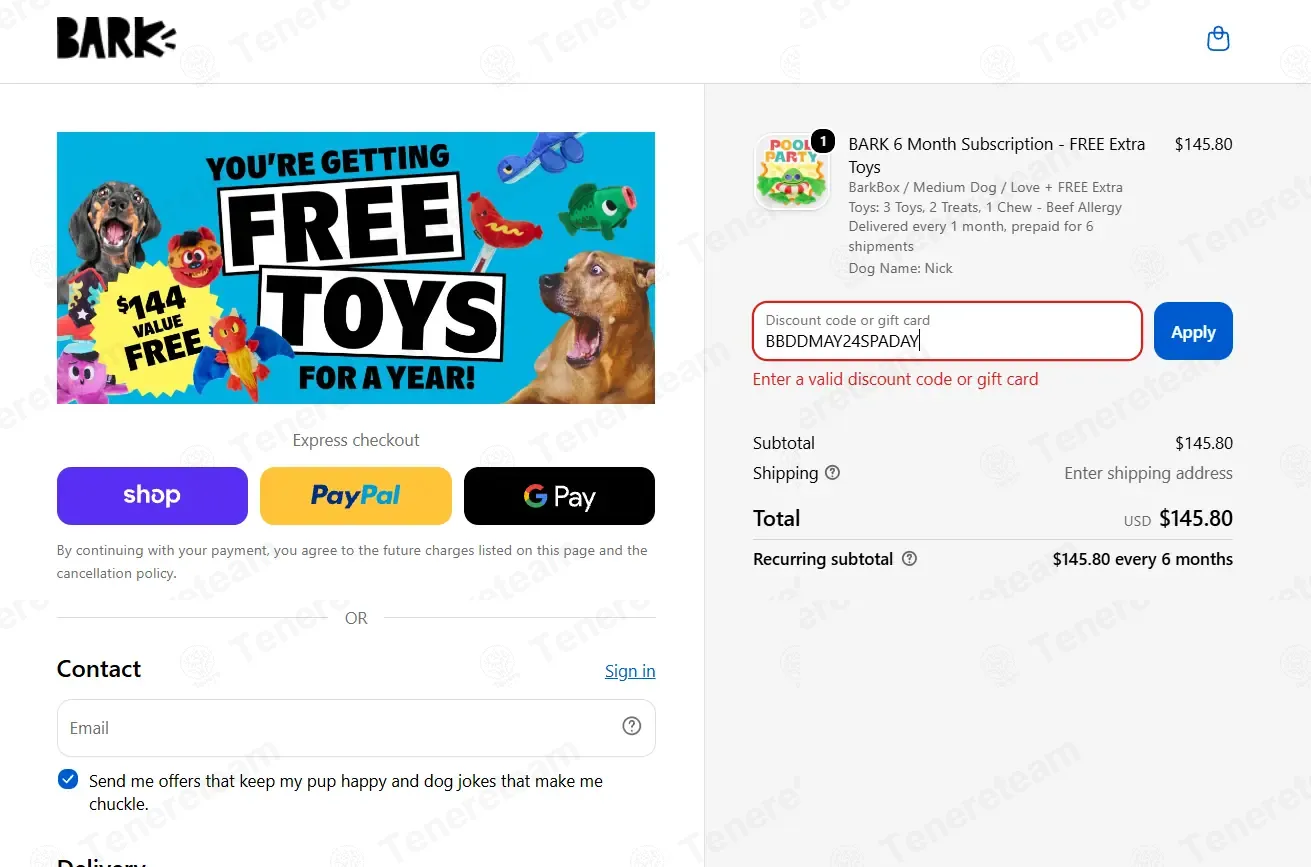 BarkBox coupon code: Sale off with BBDDMAY24SPADAY. Tested and valid as 4 weeks ago.