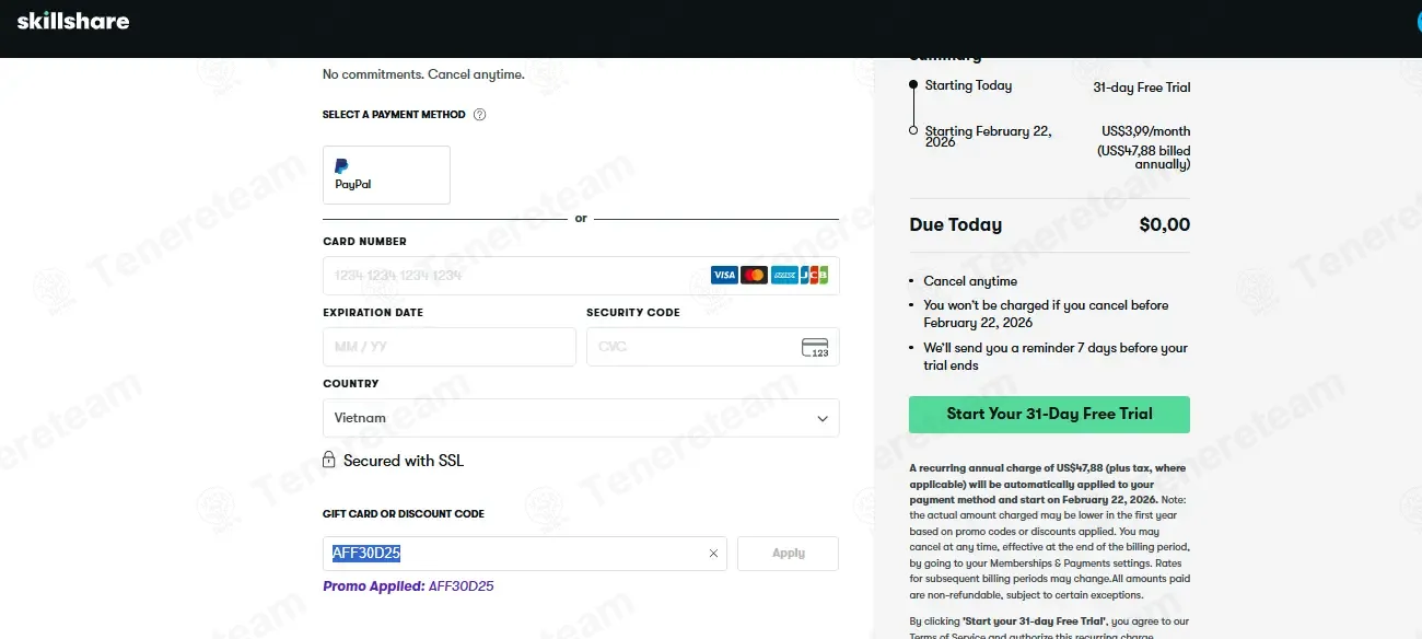 Skillshare coupon code: 100% off with AFF30D25. Tested and valid as 2 weeks ago.
