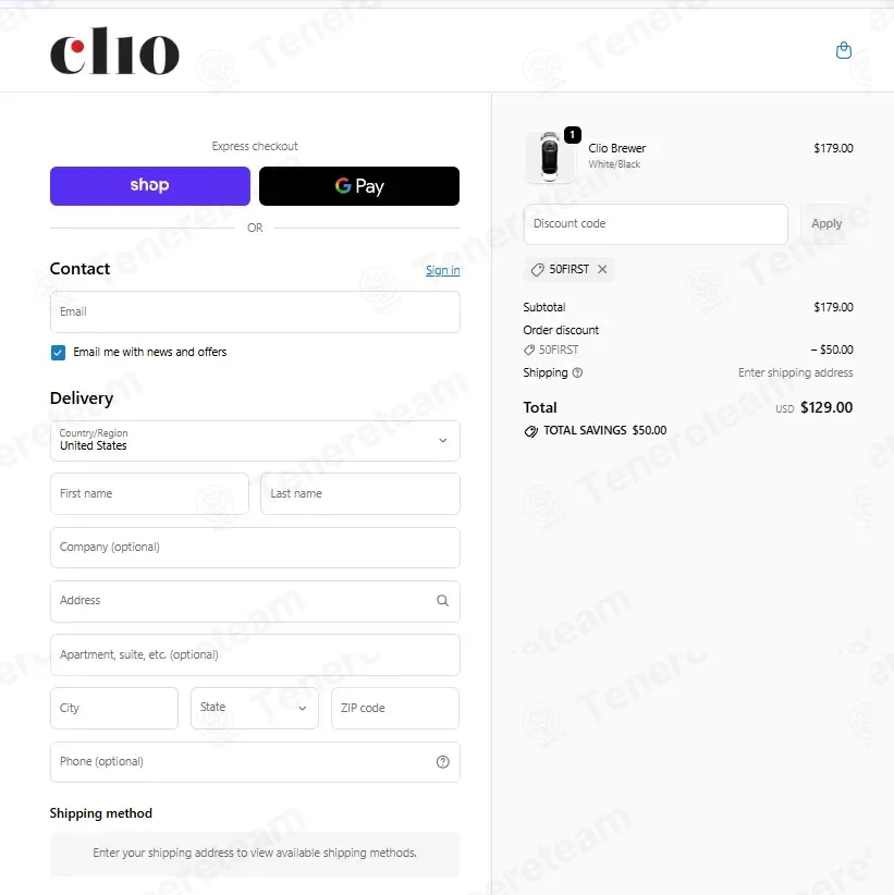 Clio Coffee coupon code: $50 off with 50FIRST. Tested and valid as 1 week ago.