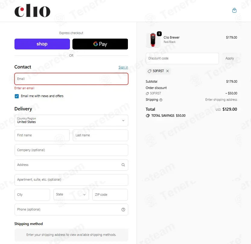 Clio Coffee coupon code: $50 off with 50FIRST. Tested and valid as 1 week ago.