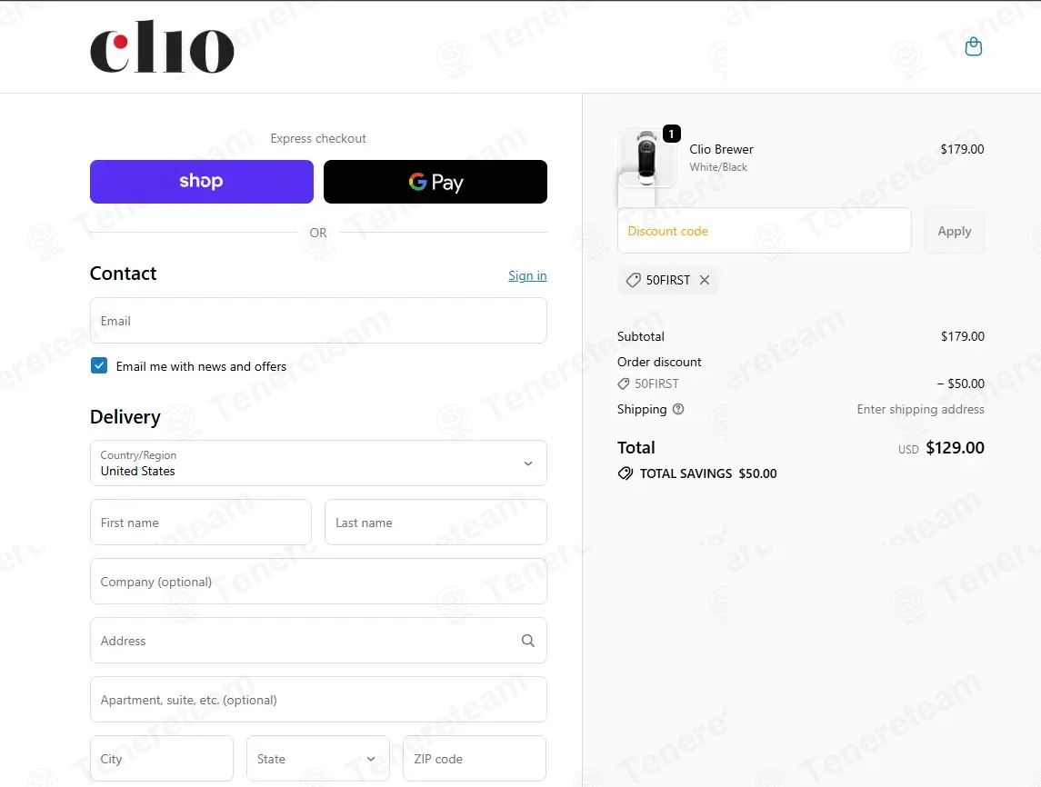 Clio Coffee coupon code: $50 off with 50FIRST. Tested and valid as 1 week ago.