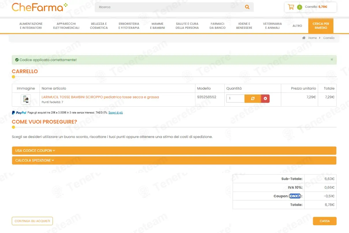 Che Farma IT coupon code: 7% off with ONX7. Tested and valid as 1 month ago.