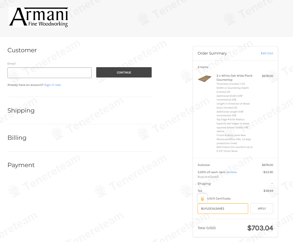 Armani Fine Woodworking coupon code: 5% off with BUYLOCALSAVE5. Tested and valid as 1 year ago.