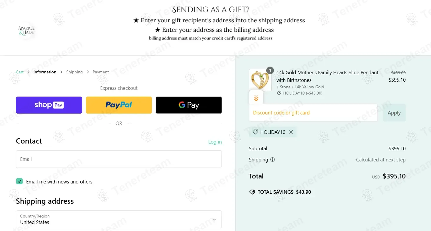Sparkle and Jade coupon code: 10% off with HOLIDAY10. Tested and valid as 1 year ago.