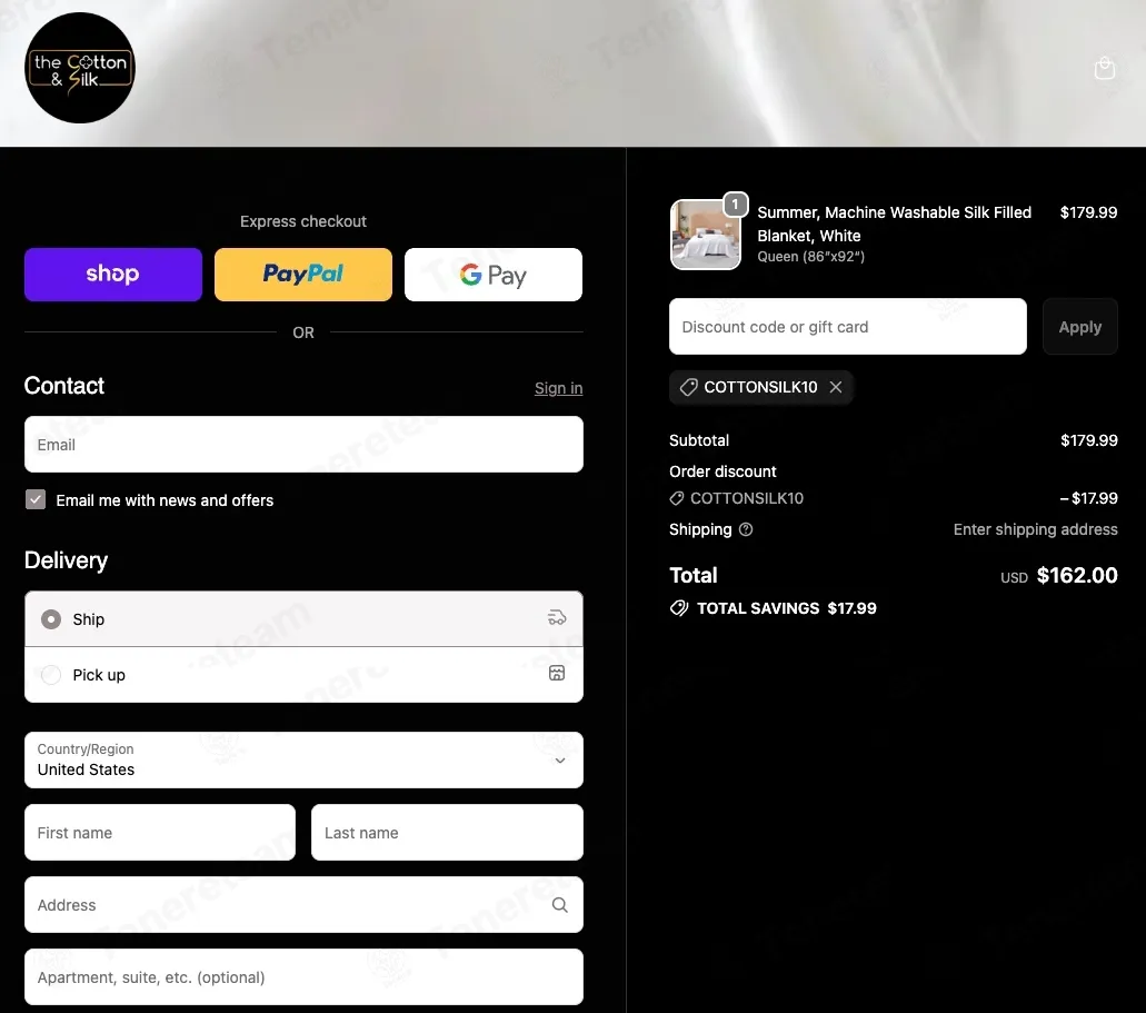 THE COTTON & SILK coupon code: 10% off with COTTONSILK10. Tested and valid as 1 month ago.