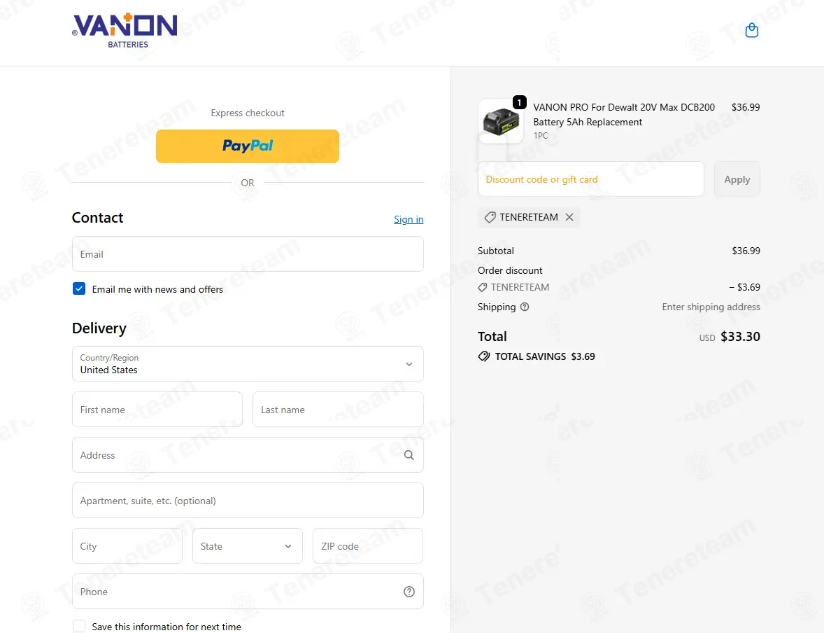 Vanon Batteries coupon code: 12% off with TENERETEAM. Tested and valid as 4 weeks ago.