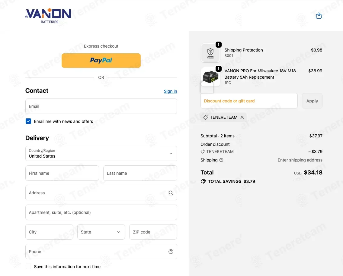 Vanon Batteries coupon code: 12% off with TENERETEAM. Tested and valid as 4 weeks ago.