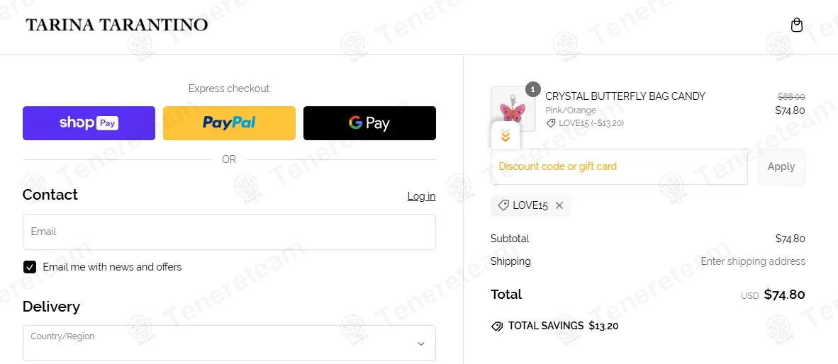 Tarina Tarantino coupon code: 15% off with LOVE15. Tested and valid as 1 year ago.