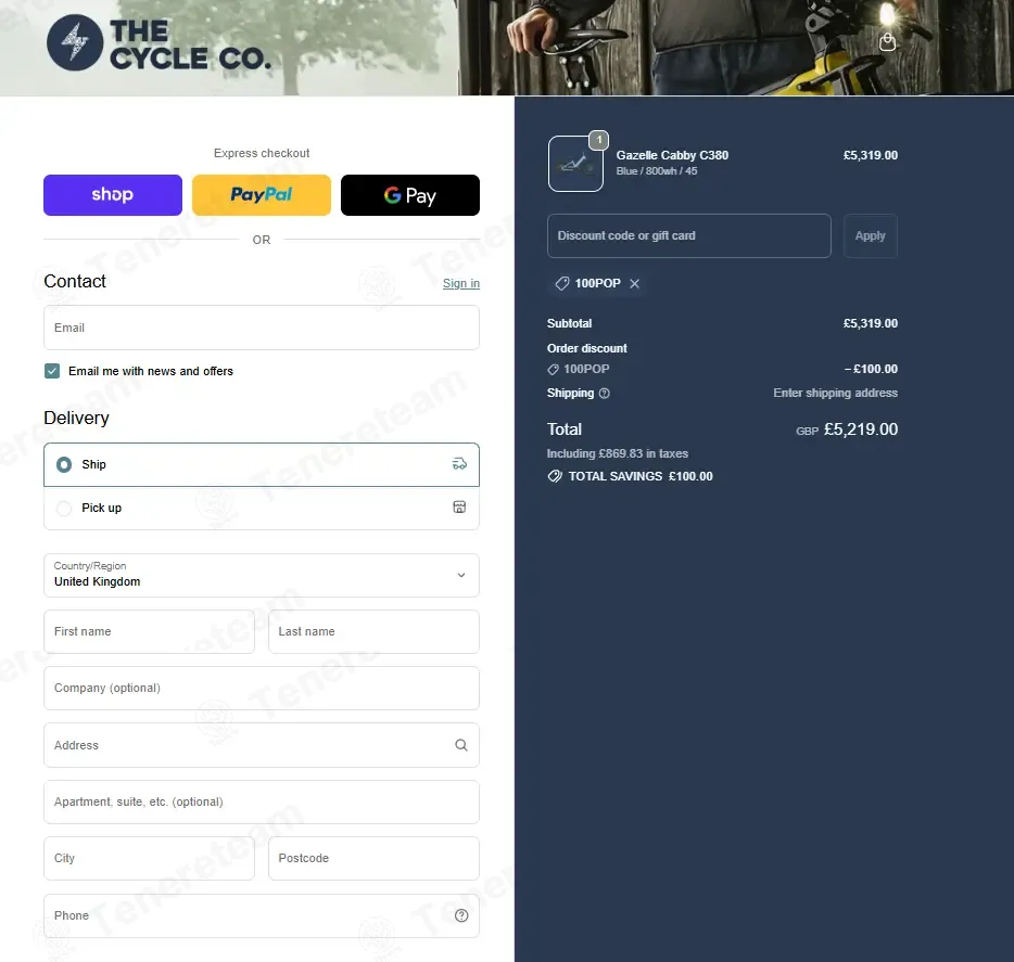 The Cycle Company coupon code: £100 off with 100POP. Tested and valid as 1 month ago.