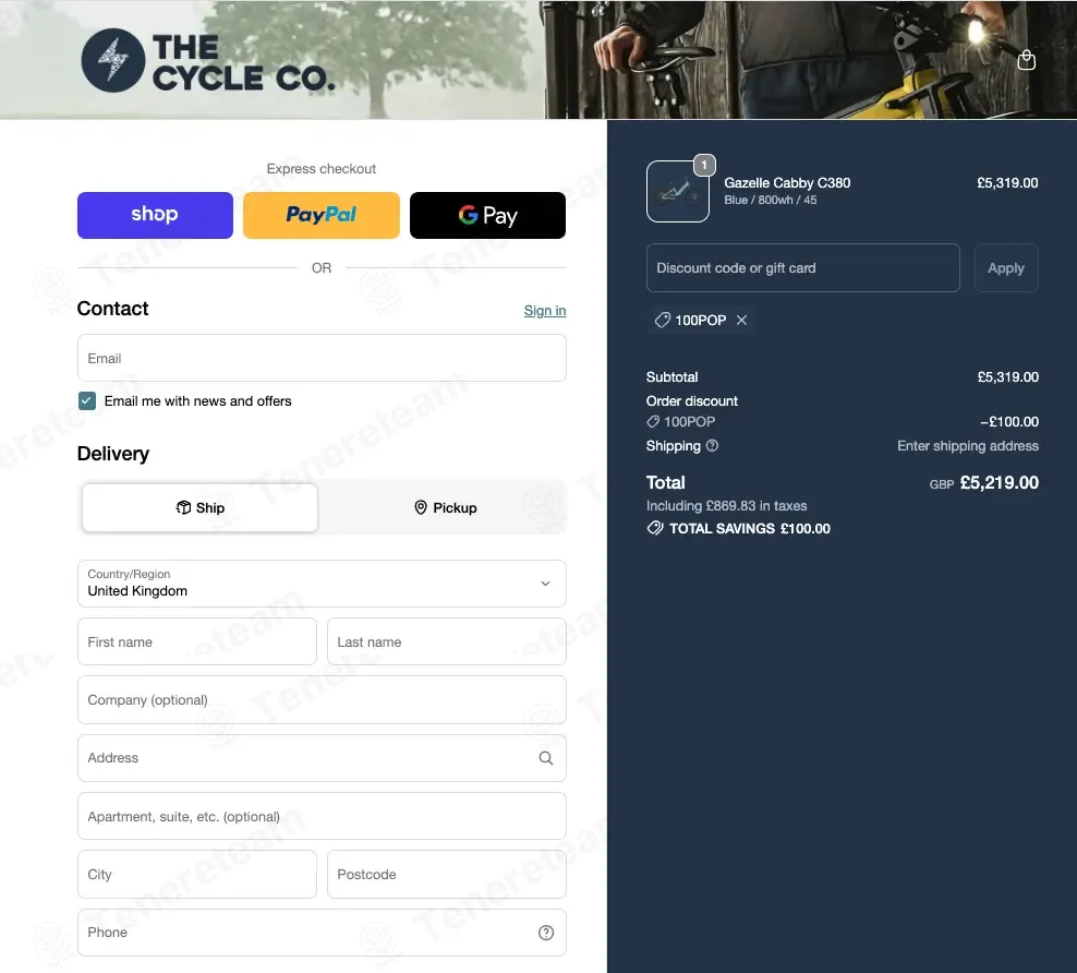 The Cycle Company coupon code: £100 off with 100POP. Tested and valid as 1 month ago.