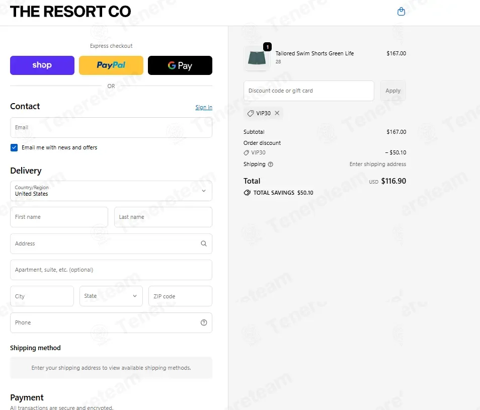 The Resort Co coupon code: 30% off with VIP30. Tested and valid as 1 month ago.
