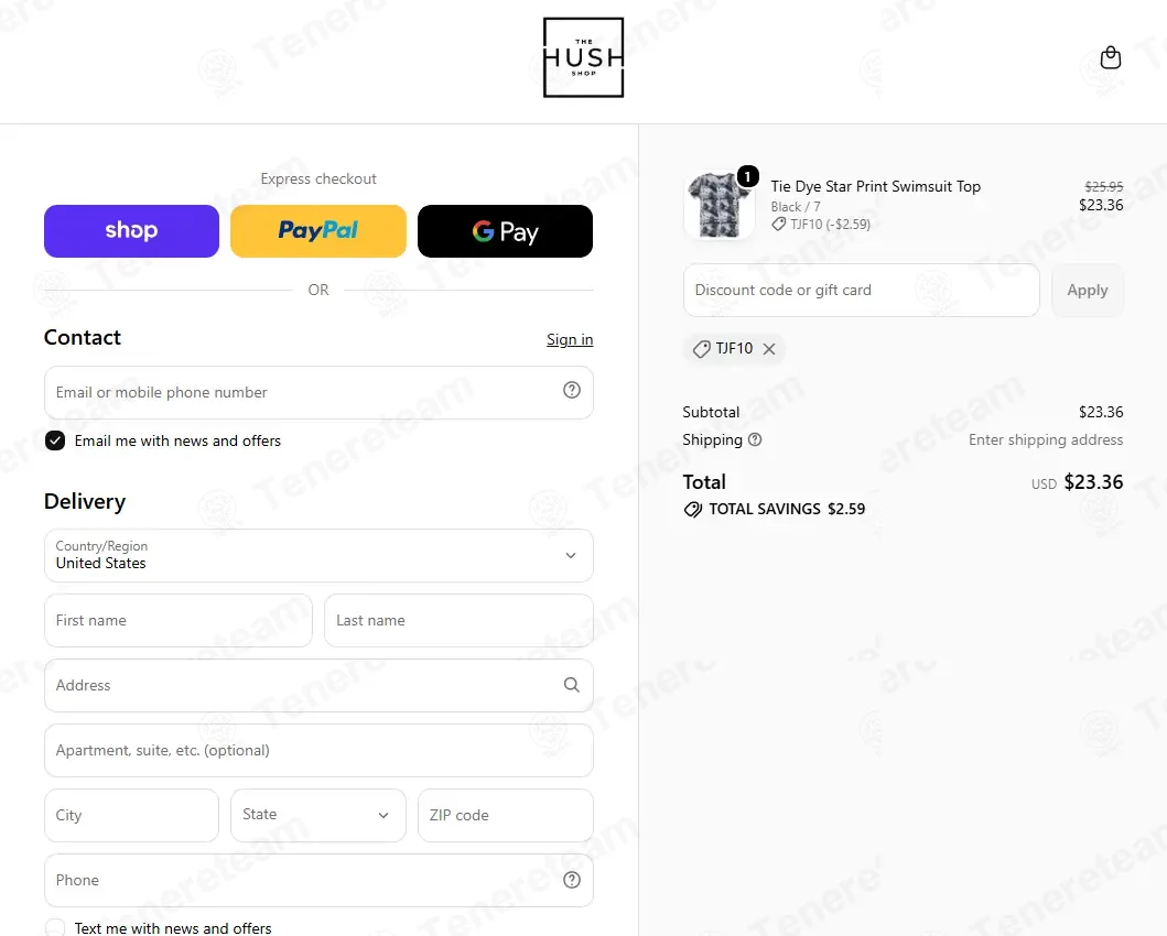 The Hush Shop coupon code: 10% off with TJF10. Tested and valid as 2 weeks ago.