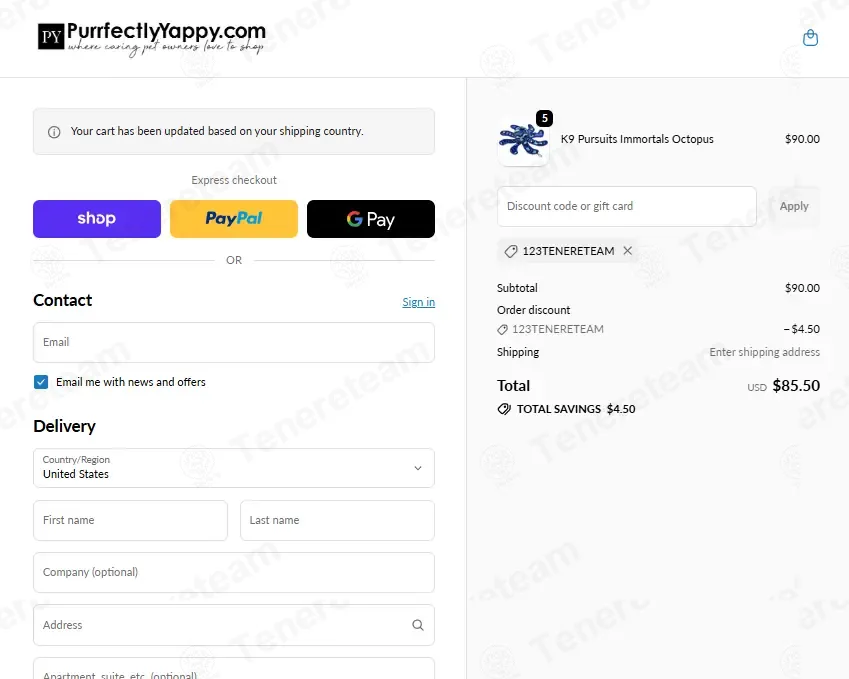 PurrfectlyYappy coupon code: 5% off with 123TENERETEAM. Tested and valid as 10 months ago.