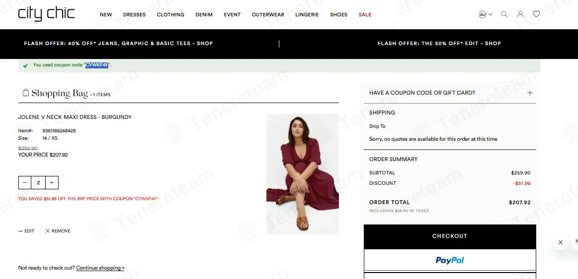 City Chic Australia coupon code: 20% off with CYWKF4F. Tested and valid as 2 months ago.