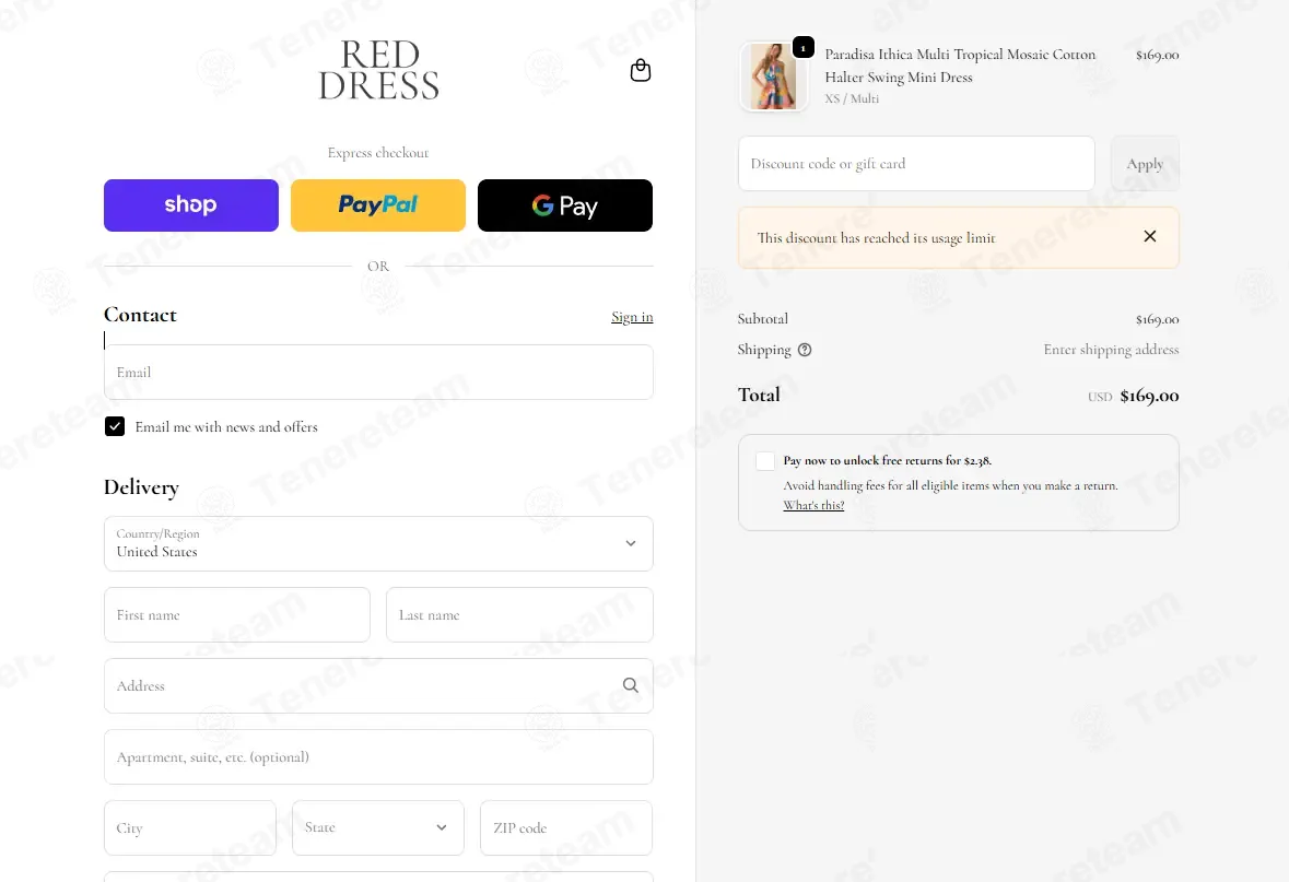 Red Dress Boutique coupon code: 15% off with HELLO15-HQR373. Tested and valid as 3 weeks ago.