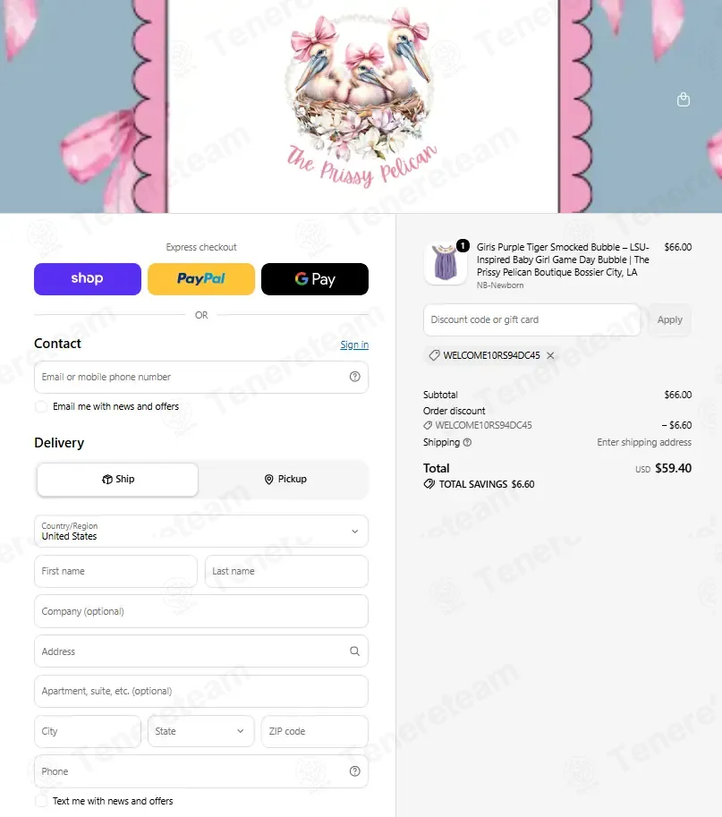The Prissy Pelican coupon code: 10% off with WELCOME10RS94DC45. Tested and valid as 3 weeks ago.