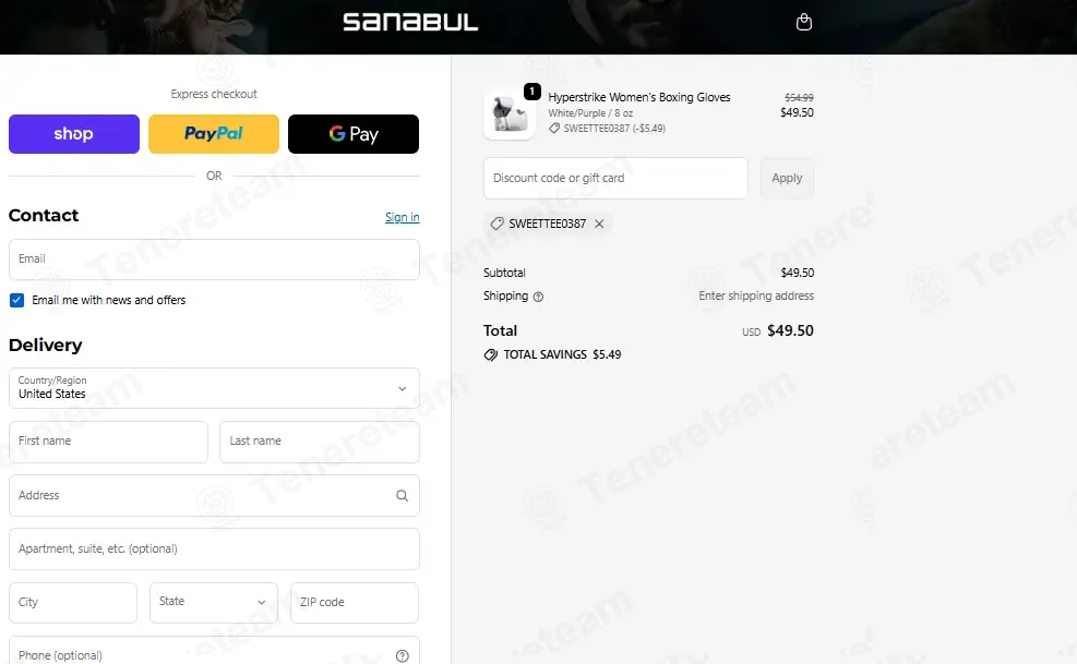 Sanabul Sports coupon code: 10% off with SWEETTEE0387. Tested and valid as 2 months ago.
