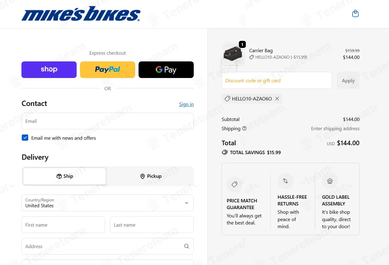 Mikes Bikes coupon code: 10% off with HELLO10-AZAO6O. Tested and valid as 2 months ago.