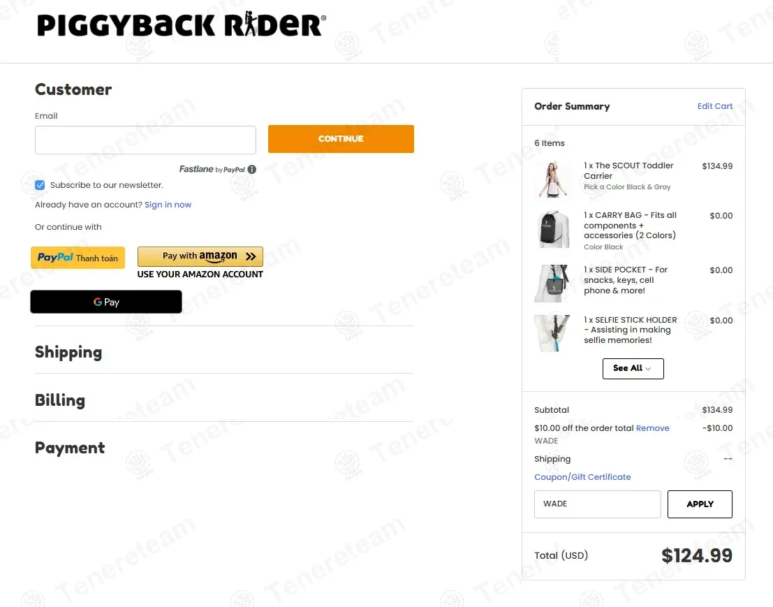 Piggyback Rider coupon code: $10 off with WADE. Tested and valid as 10 months ago.