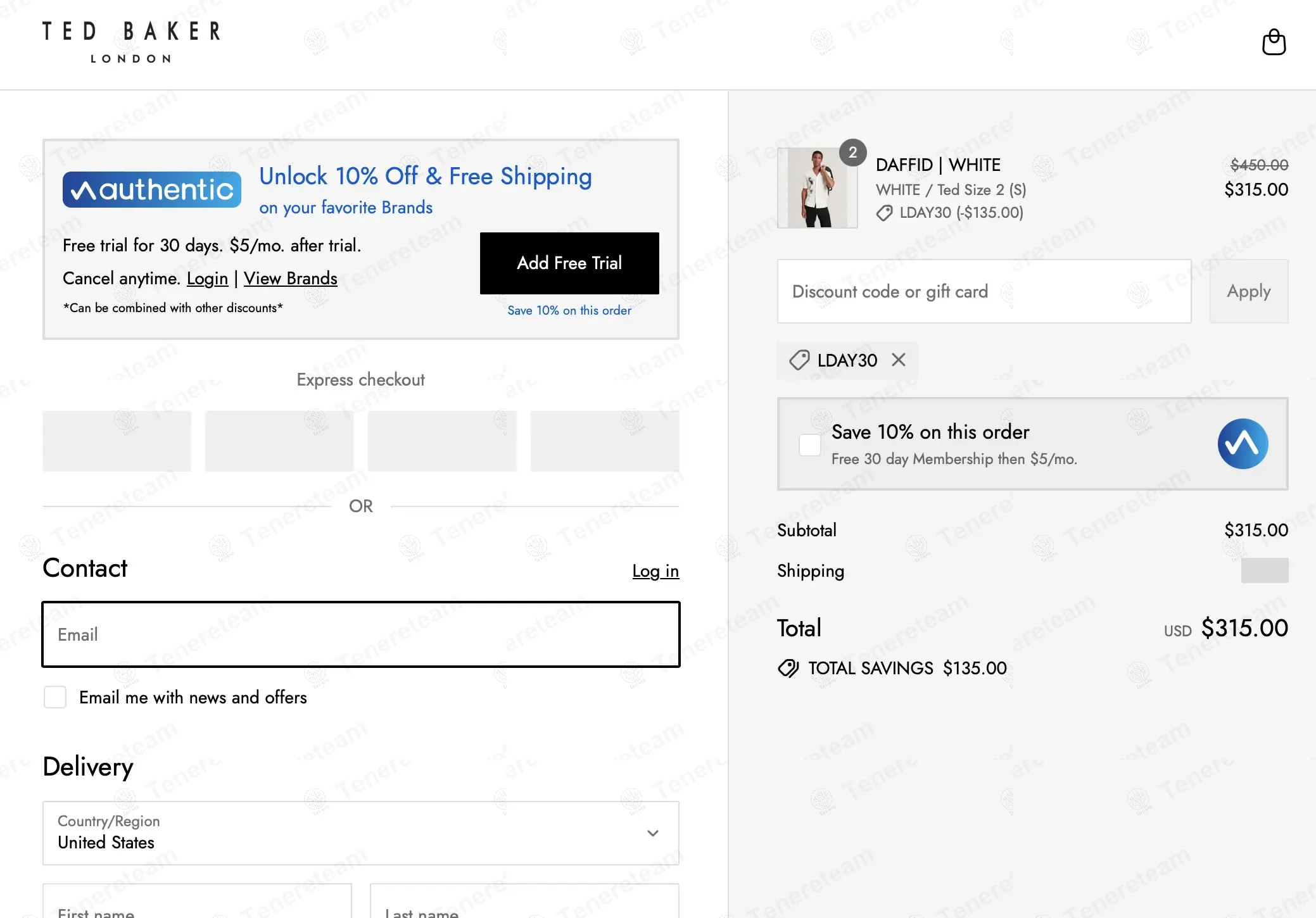 Ted Baker coupon code: 30% off with LDAY30. Tested and valid as 9 months ago.