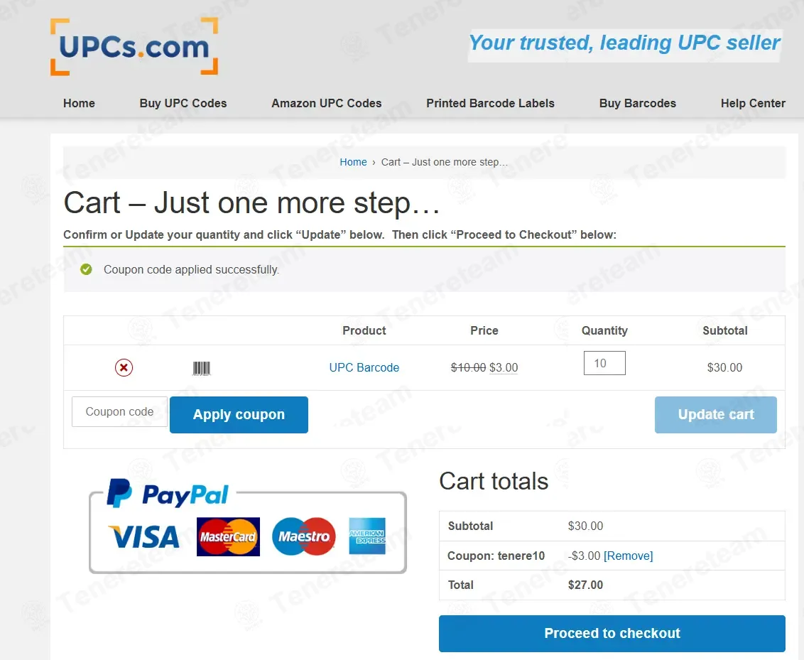 UPCs.com coupon code: 10% off with tenere10. Tested and valid as 4 weeks ago.