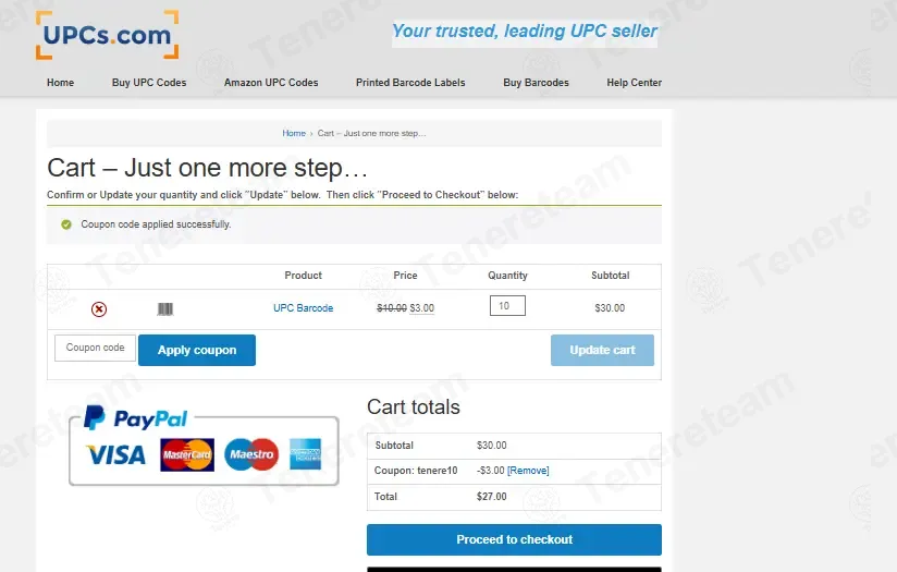 UPCs.com coupon code: 10% off with tenere10. Tested and valid as 4 weeks ago.