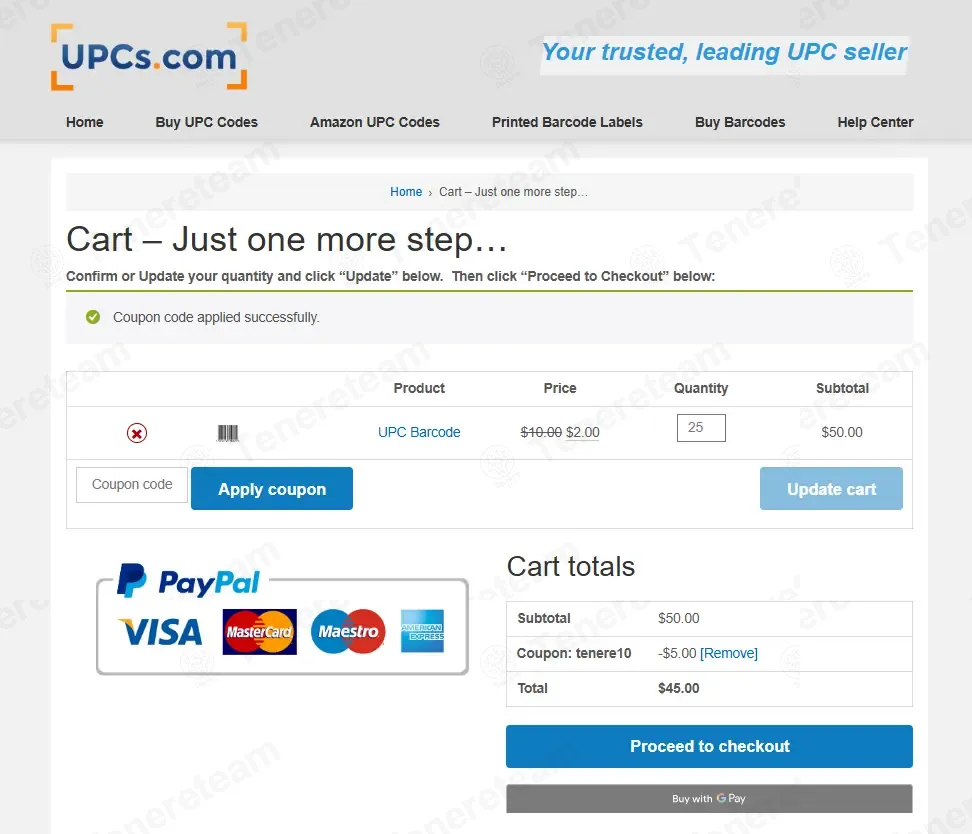 UPCs.com coupon code: 10% off with tenere10. Tested and valid as 4 weeks ago.