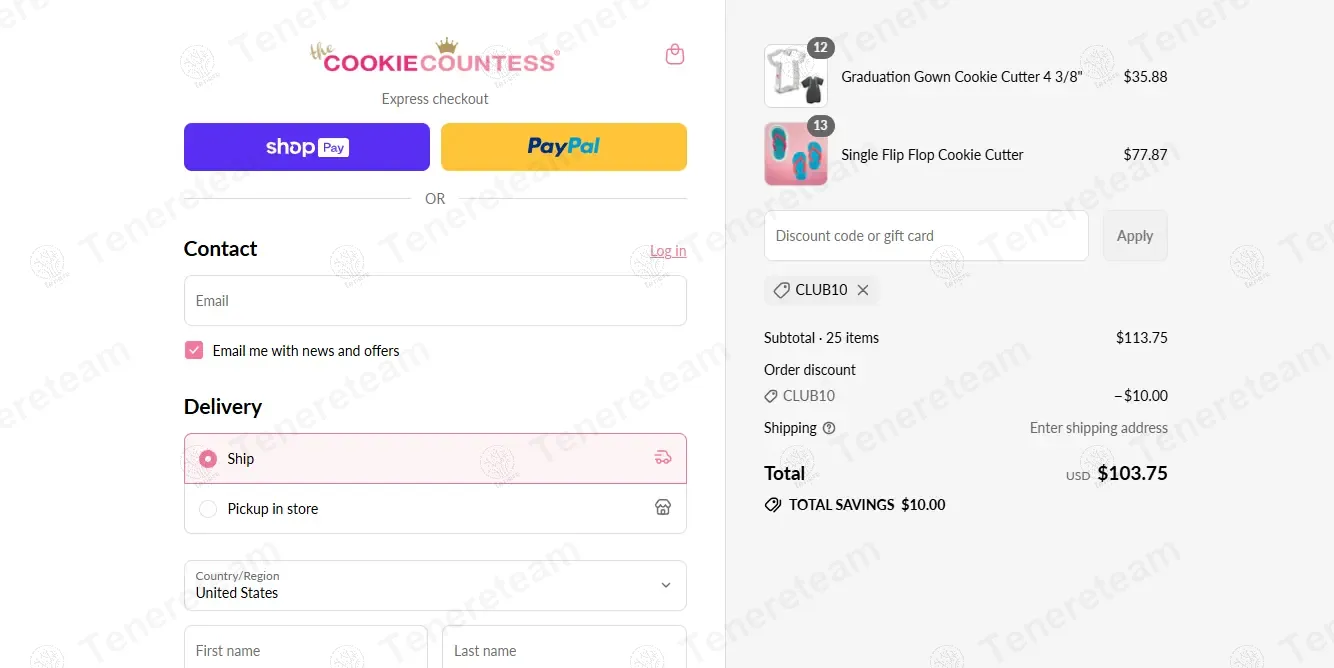 The Cookie Countess coupon code: $10 off with CLUB10. Tested and valid as 8 months ago.